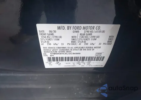 2020 Ford Explorer Platinum z USA, uszkodzony, nr VIN 1FM5K8HC6LGC86909